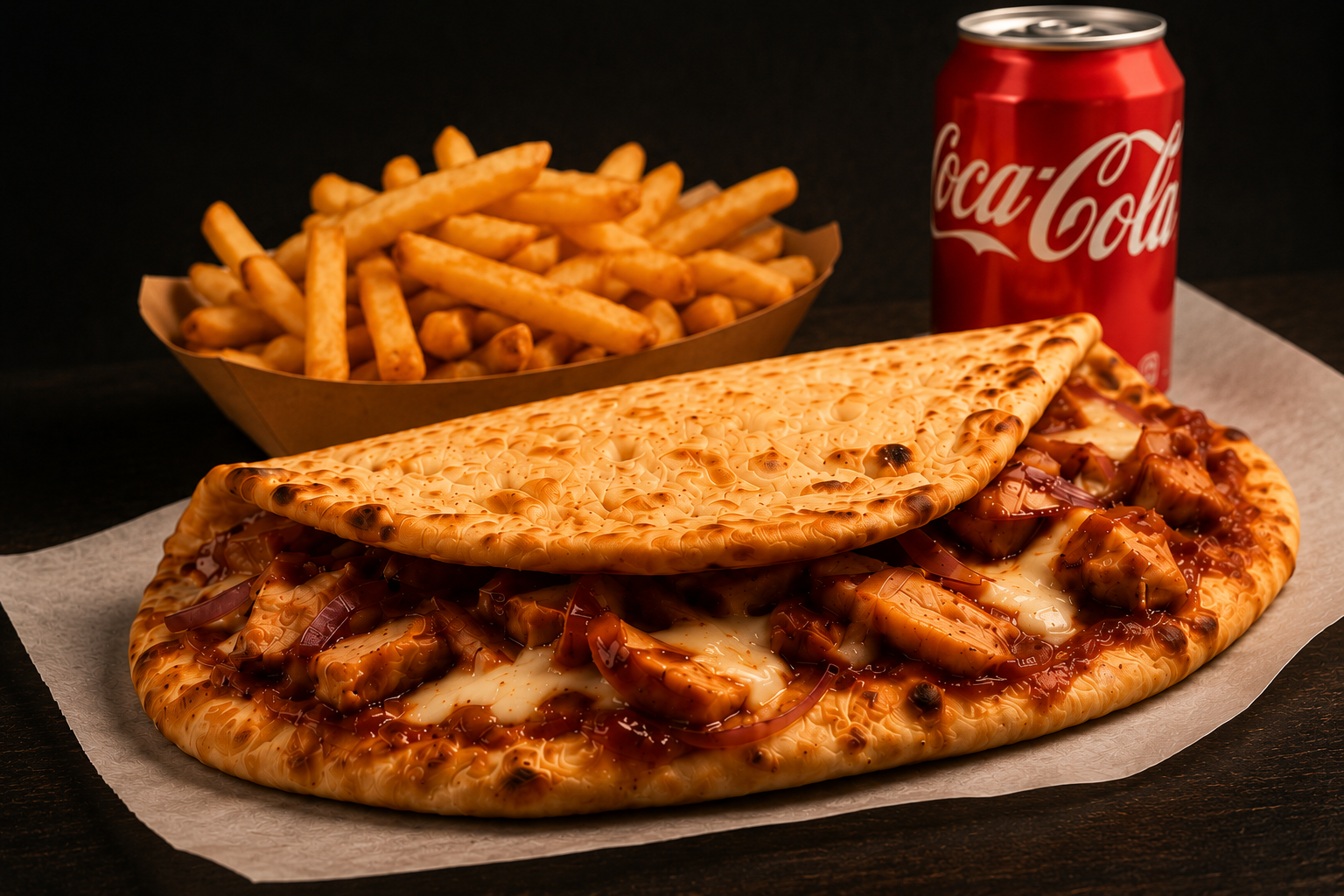 Folded BBQ chicken naan pizza on parchment beside a carton of golden fries and a can of Coca-Cola on a dark tabletop