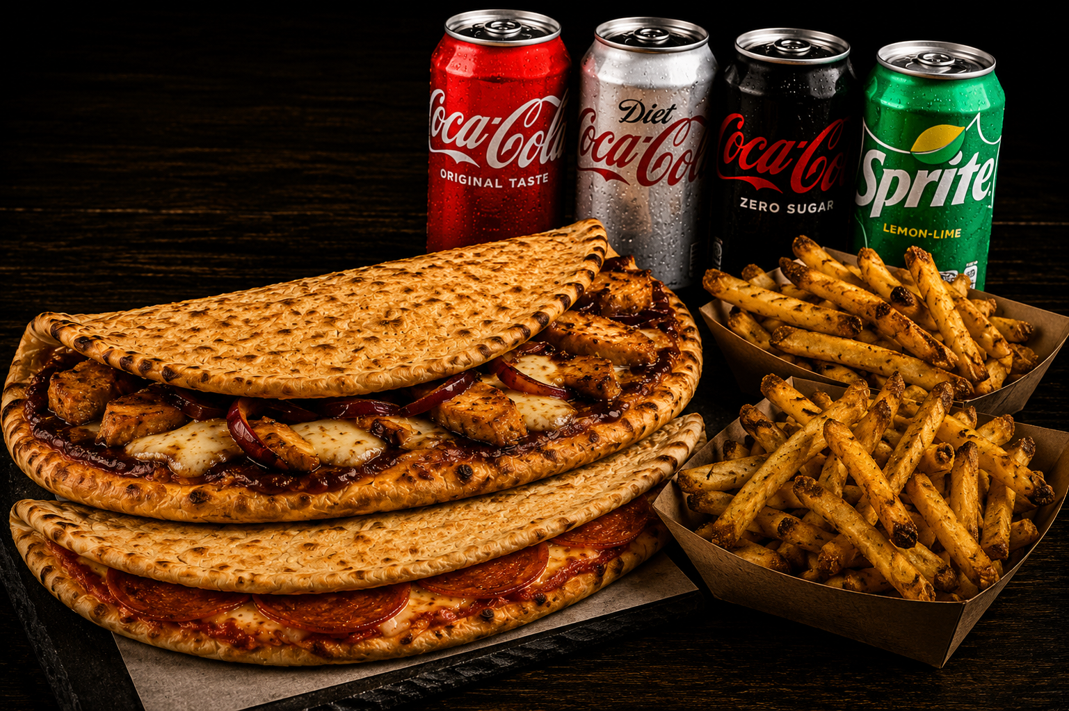 Two stacked folded naan pizzas β BBQ chicken and pepperoni β with two cartons of fries and four canned sodas on a dark tabletop